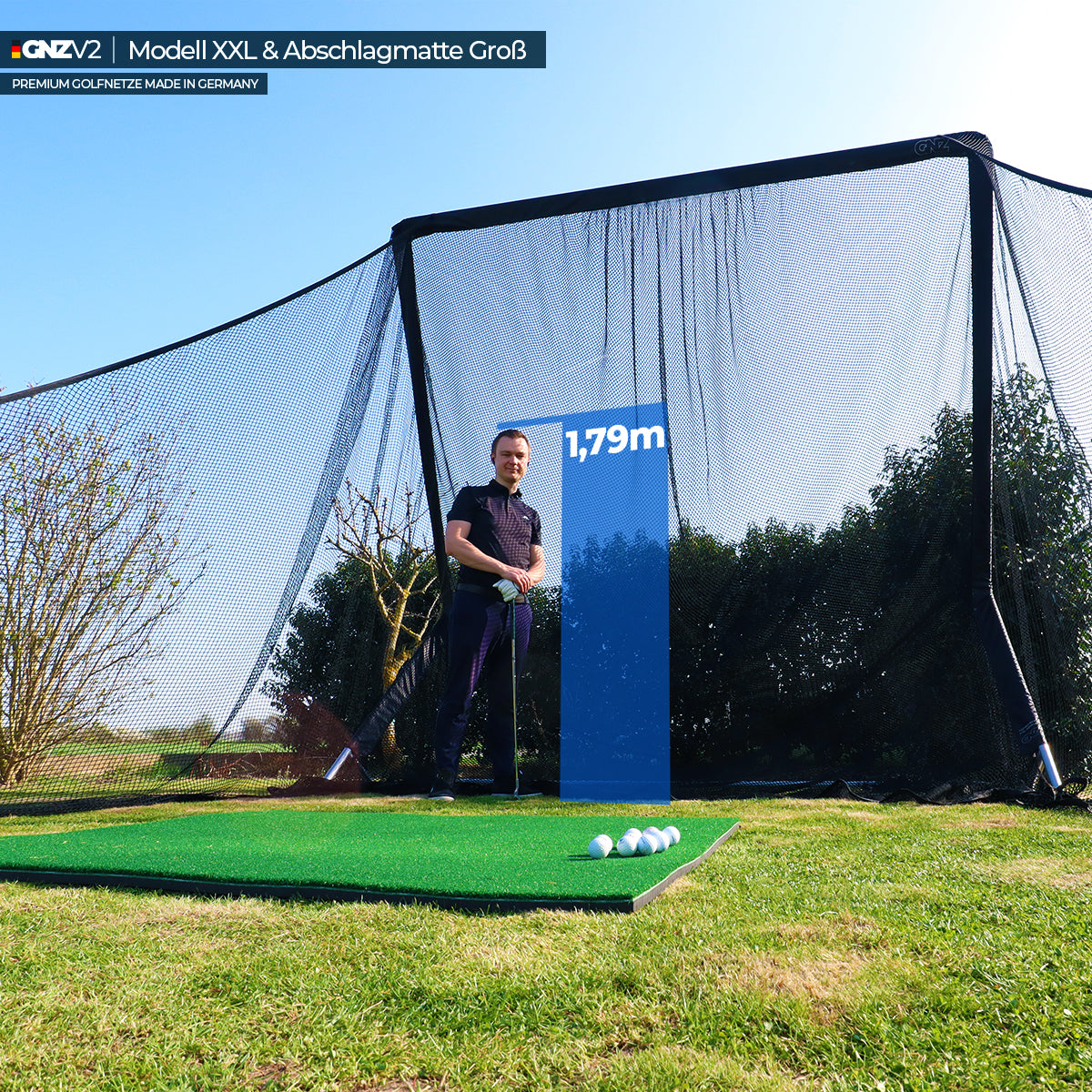 Golfnetz Driving Range XXL | H3,3m x B3,4m x T1,8m | Indoor & Outdoor | Inkl. Kleine Abschlagmatte | GNZV2
