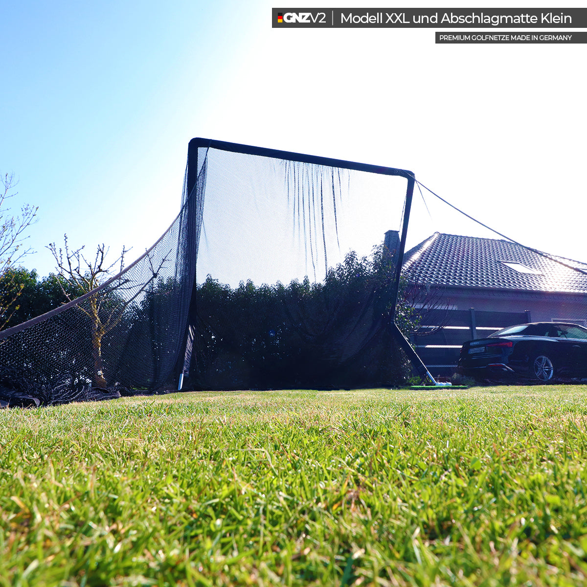 Golfnetz Driving Range XXL | H3,3m x B3,4m x T1,8m | Indoor & Outdoor | Inkl. Kleine Abschlagmatte | GNZV2