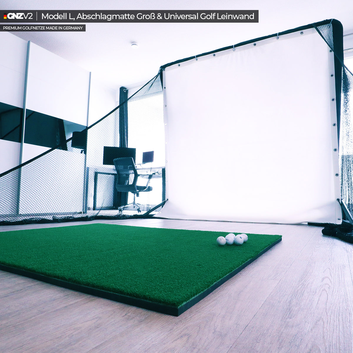GNZV2 Golfnetz Driving Range | Modell L | Inkl. Abschlagmatte Groß und Universal Golf Leinwand