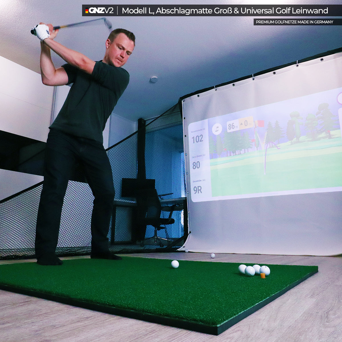 GNZV2 Golfnetz Driving Range | Modell L | Inkl. Abschlagmatte Groß und Universal Golf Leinwand