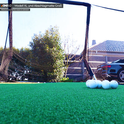 Golfnetz Driving Range XL | H2,4m x B2,5m x T1,2m | Indoor & Outdoor | Inkl. Große Abschlagmatte | GNZV2