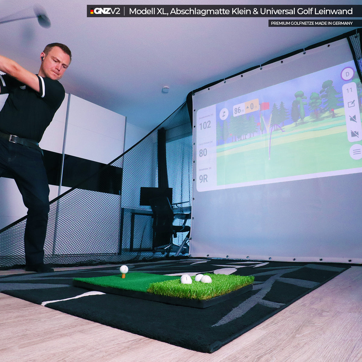GNZV2 Golfnetz Driving Range | Modell XL | Inkl. Abschlagmatte Klein und Universal Golf Leinwand